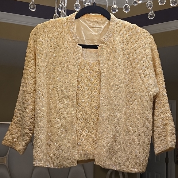Jery Jo Elegant Vintage Hand Beaded Beige Wool Women's Cardigan 2 Pieces - Picture 1 of 16